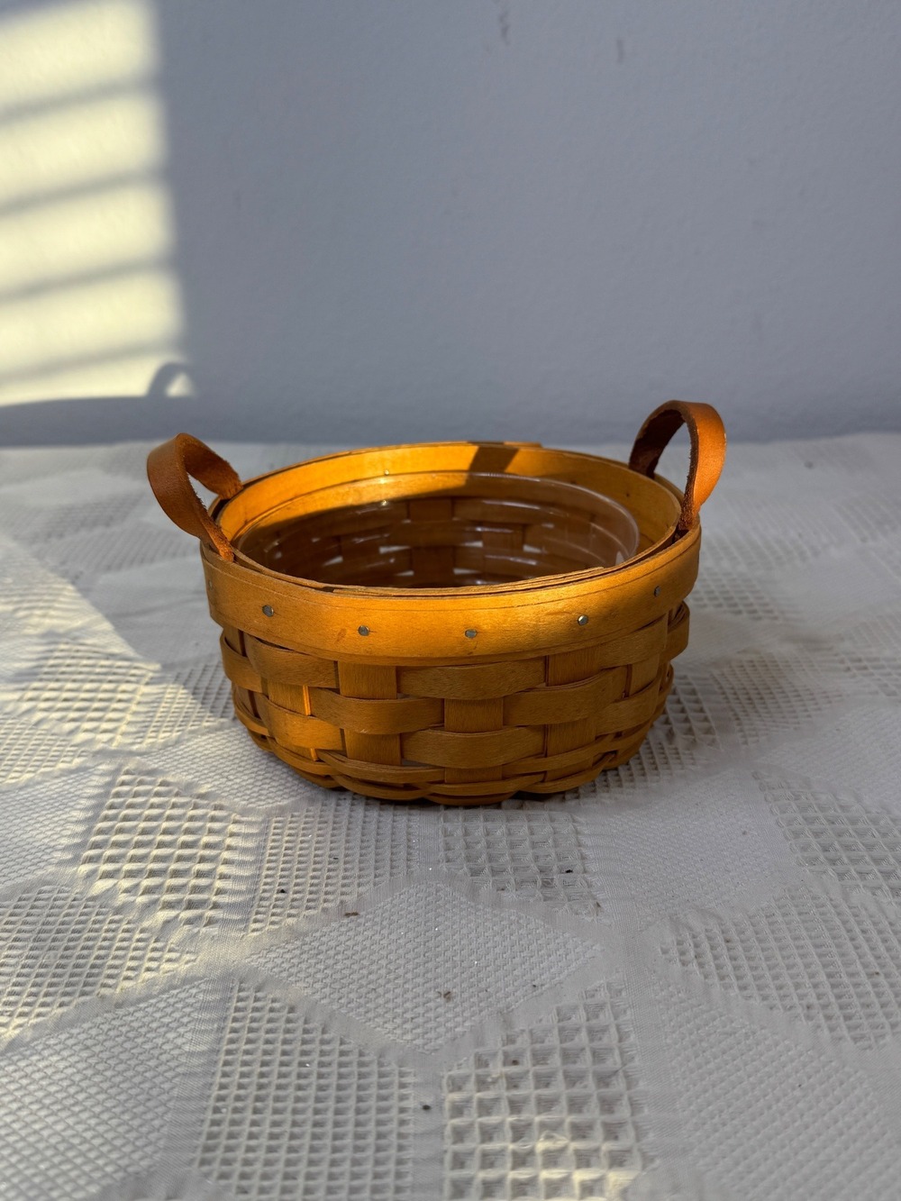 Vintage Longaberger Handwoven Saffron Booking Basket Leather Handles USA
